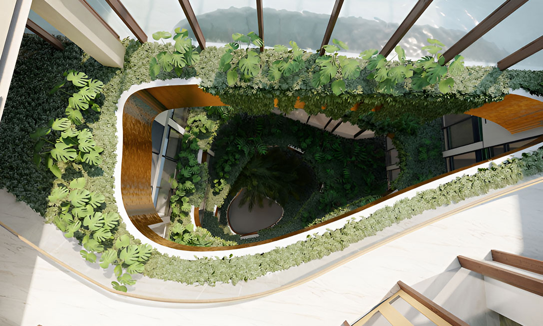 Lush indoor atrium and green wall void at TP Dynamics’ Garema Place Hotel, Canberra.