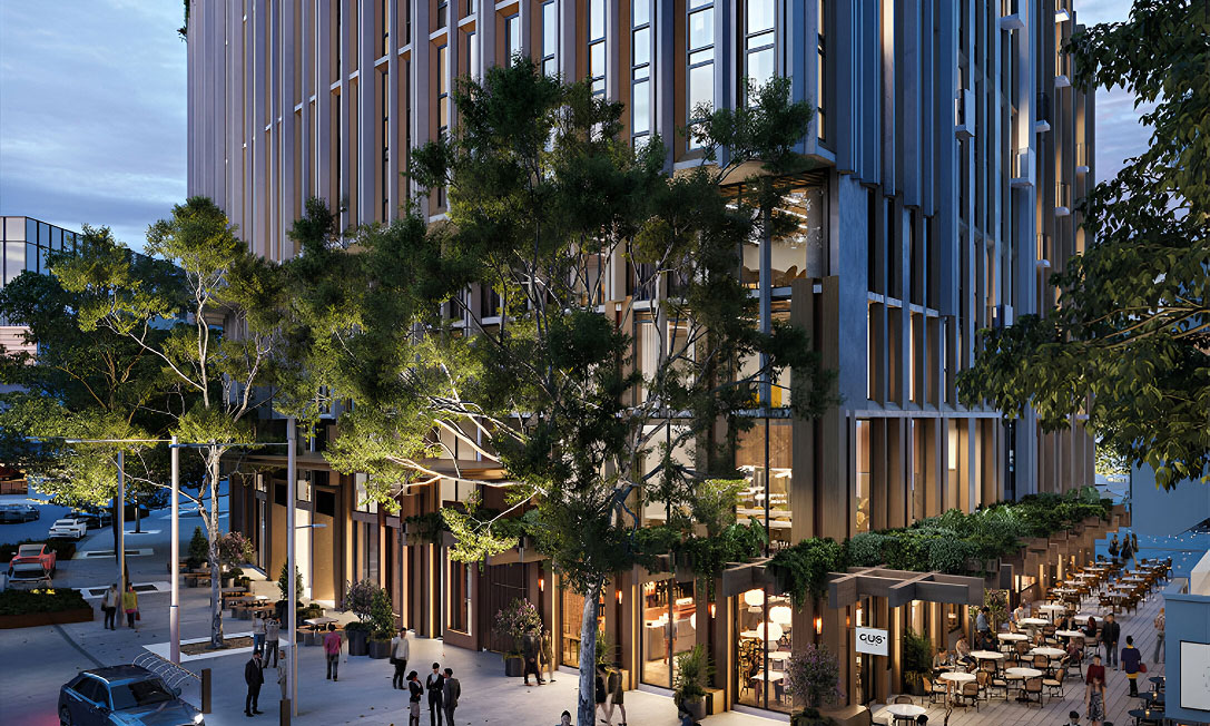 Corner façade with vertical fins at dusk at TP Dynamics’ Garema Place Hotel, Canberra.