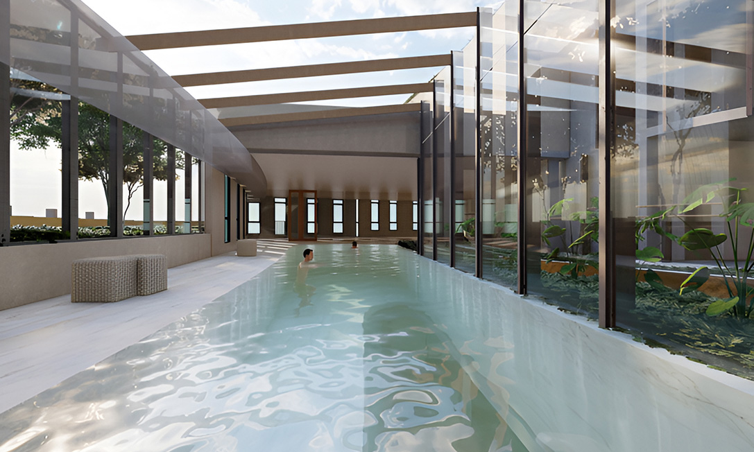 Indoor lap pool with full-height glazing at TP Dynamics’ Garema Place Hotel, Canberra.