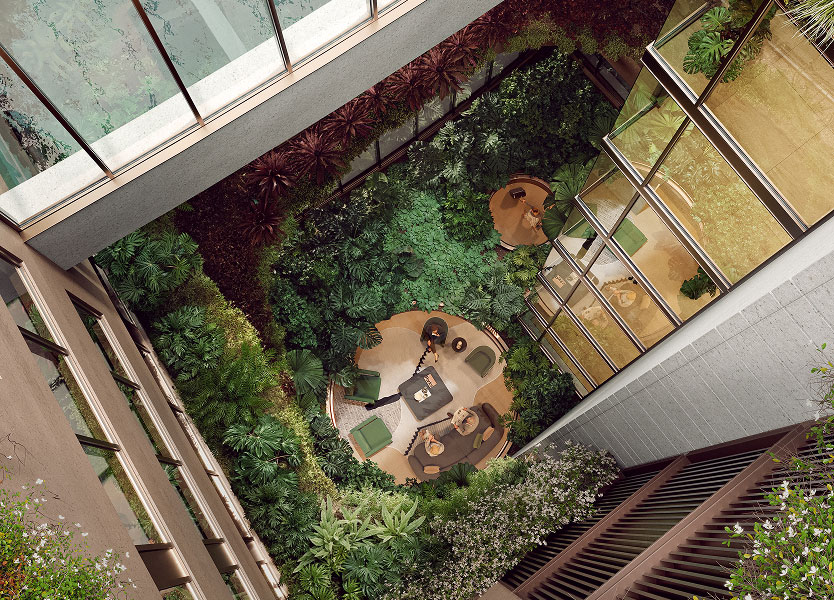 Central green courtyard and atrium garden at Garema Place Hotel, Civic Canberra