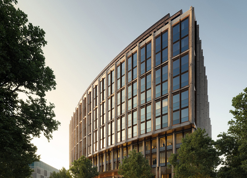 Sustainable facade with street trees at Garema Place Hotel in Civic Canberra