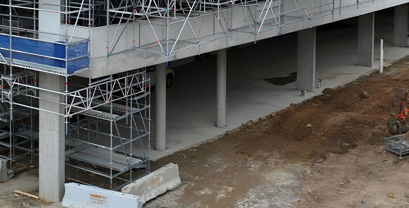 Foundation and scaffolding work underway at the Bruce precinct construction site