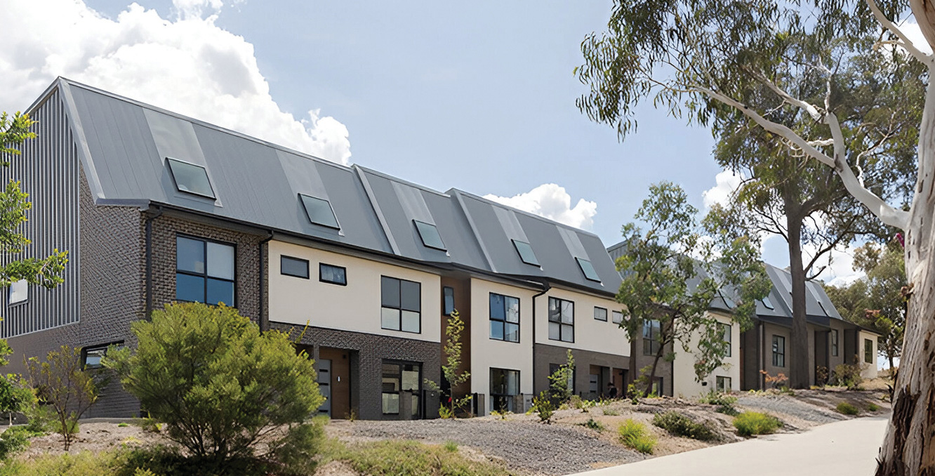 Exterior facade of modern townhouses at the Bruce precinct
