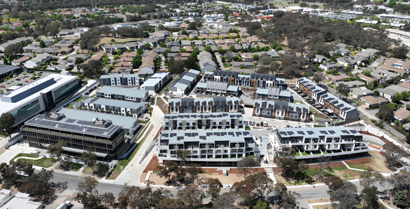 Aerial view of completed Bruce precinct residential development in Canberra