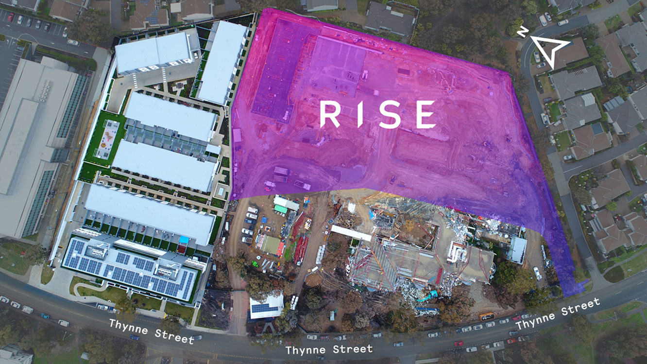 Map view highlighting the RISE development location on Thynne Street in Canberra's Bruce precinct