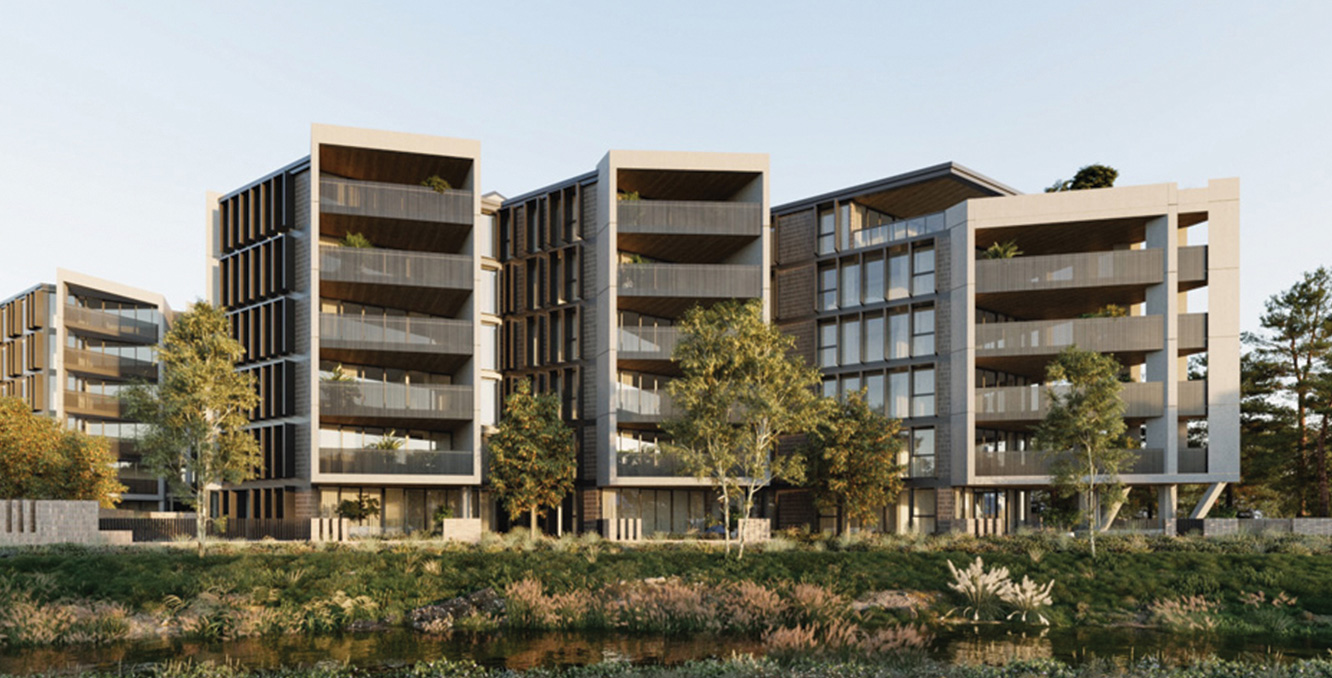 Interior render of Newlyne apartments showcasing spacious balconies and living areas
