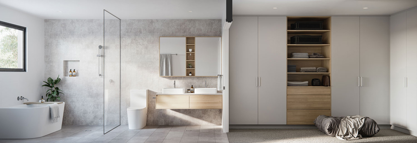 Modern bathroom and custom wardrobe interior design in Ives residences Canberra