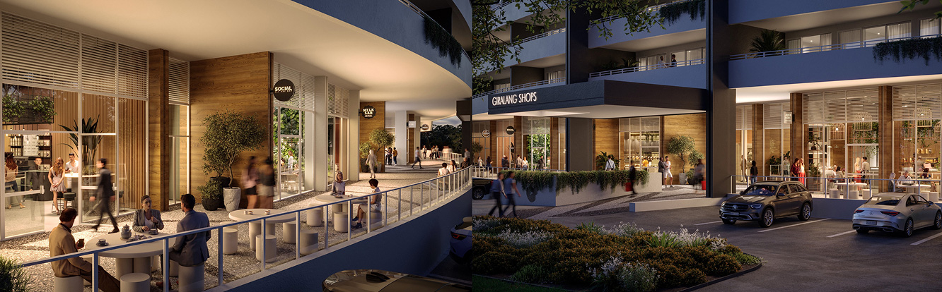 Retail precinct visualisation of Giralang Shops with cafes and commercial spaces
