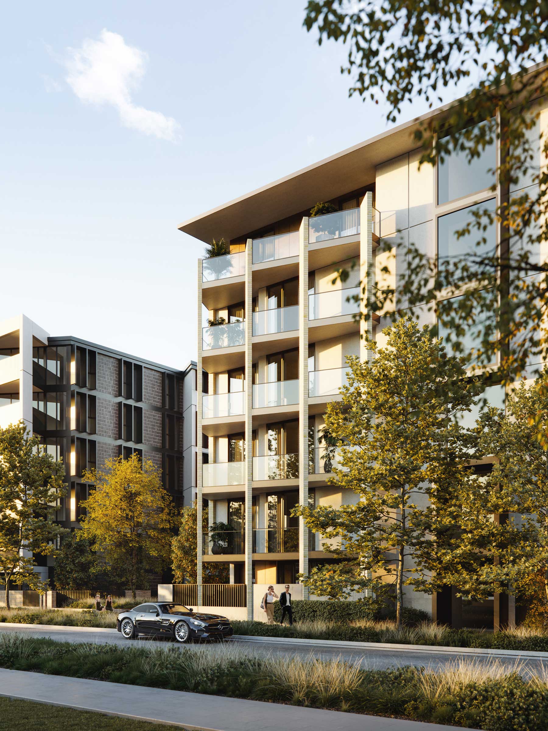 Light-filled interior of Mattone apartments featuring modern living and dining spaces with calming finishes