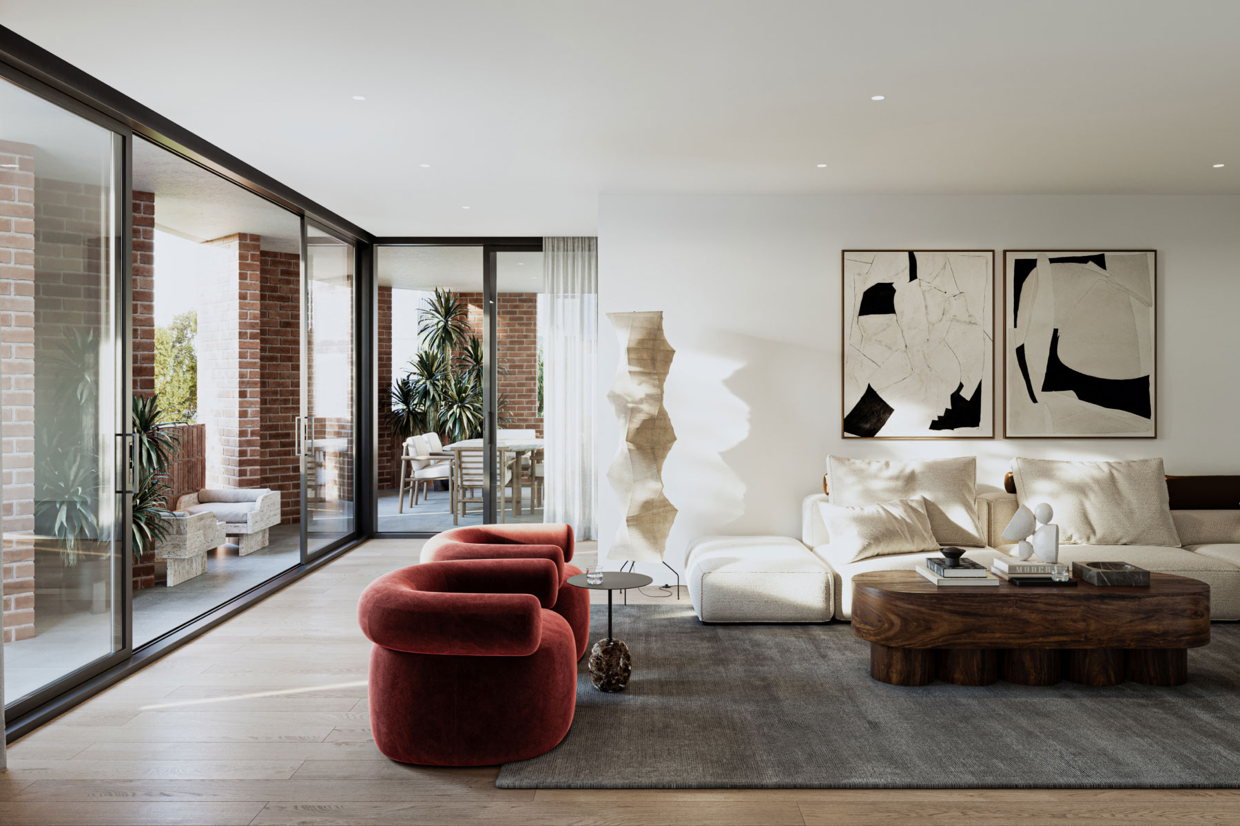 Contemporary living room interior at Mattone with clean design and generous natural light