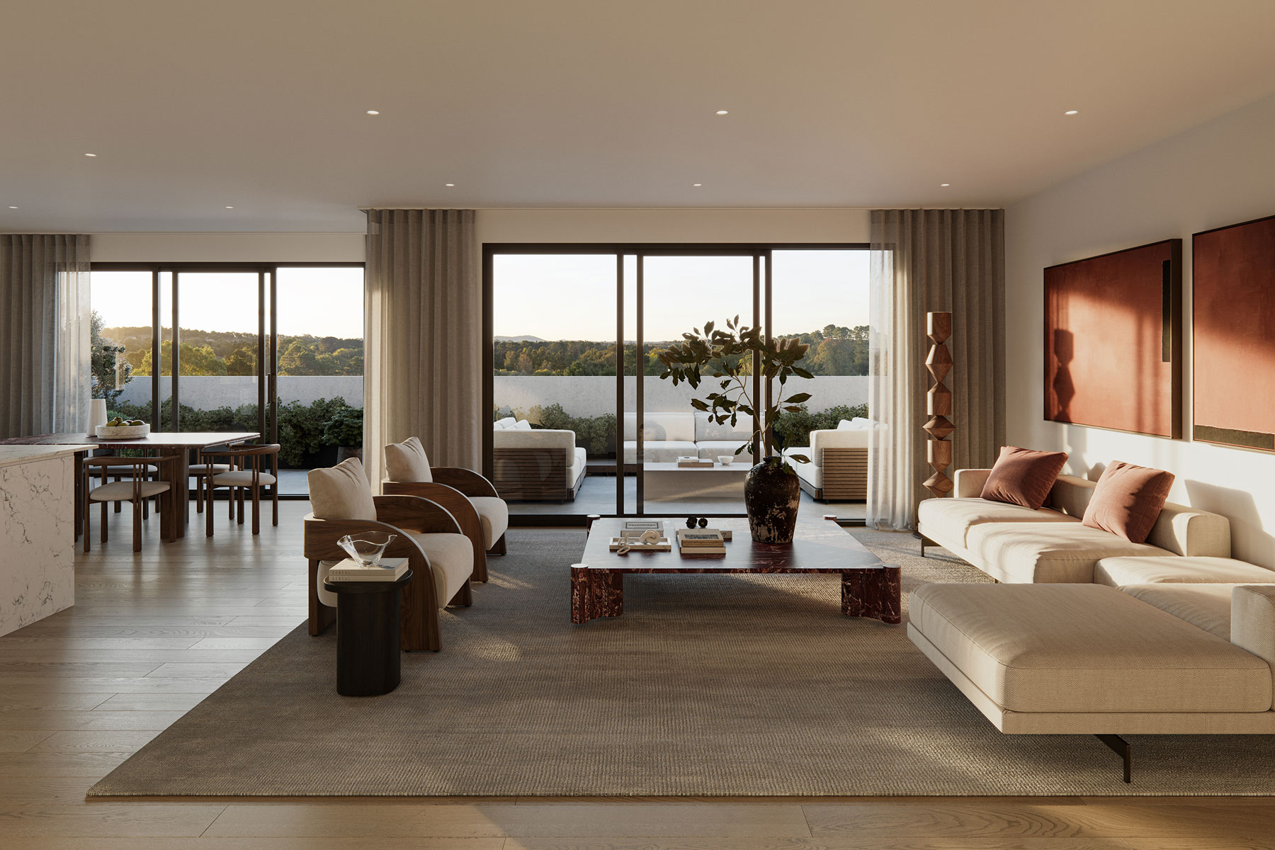 Mattone apartment interior with floor-to-ceiling windows offering views of the Newlyne precinct