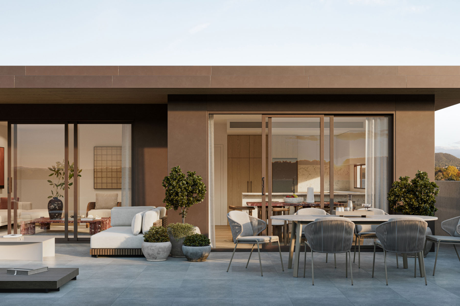 Mattone apartment interior with floor-to-ceiling windows offering views of the Newlyne precinct