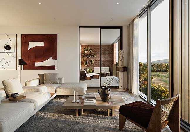 Contemporary living room interior at Mattone with clean design and generous natural light