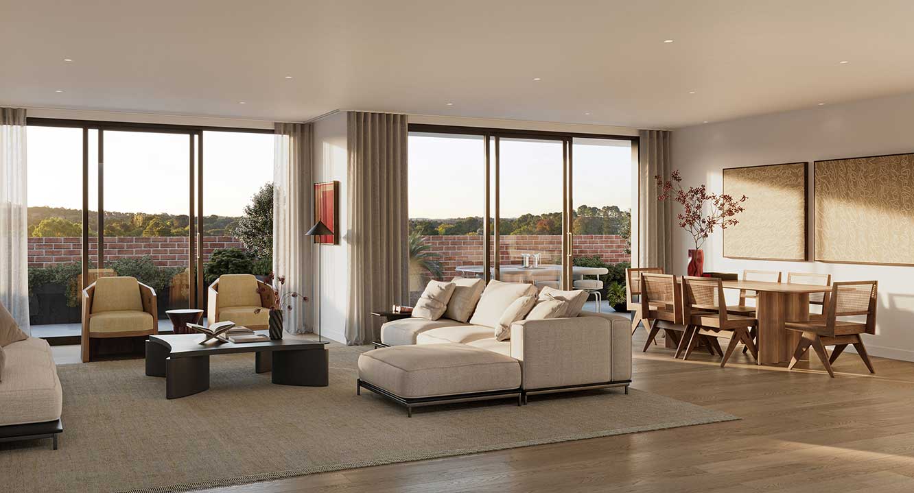 Light-filled interior of Mattone apartments featuring modern living and dining spaces with calming finishes