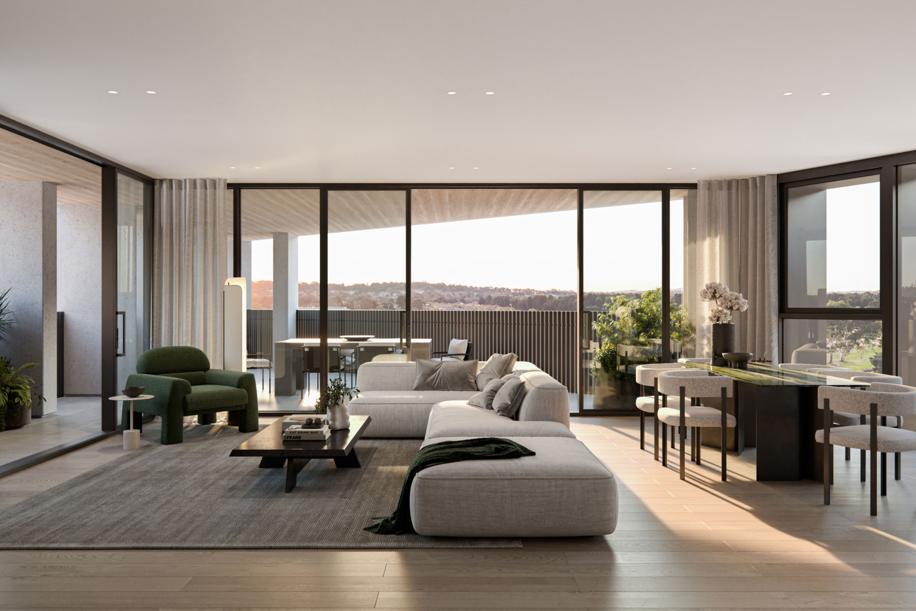 Contemporary living room interior at Mattone with clean design and generous natural light
