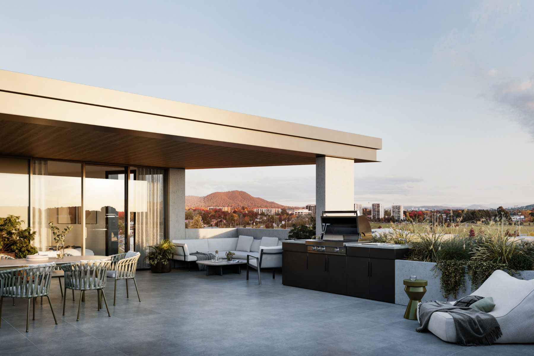Mattone apartment interior with floor-to-ceiling windows offering views of the Newlyne precinct