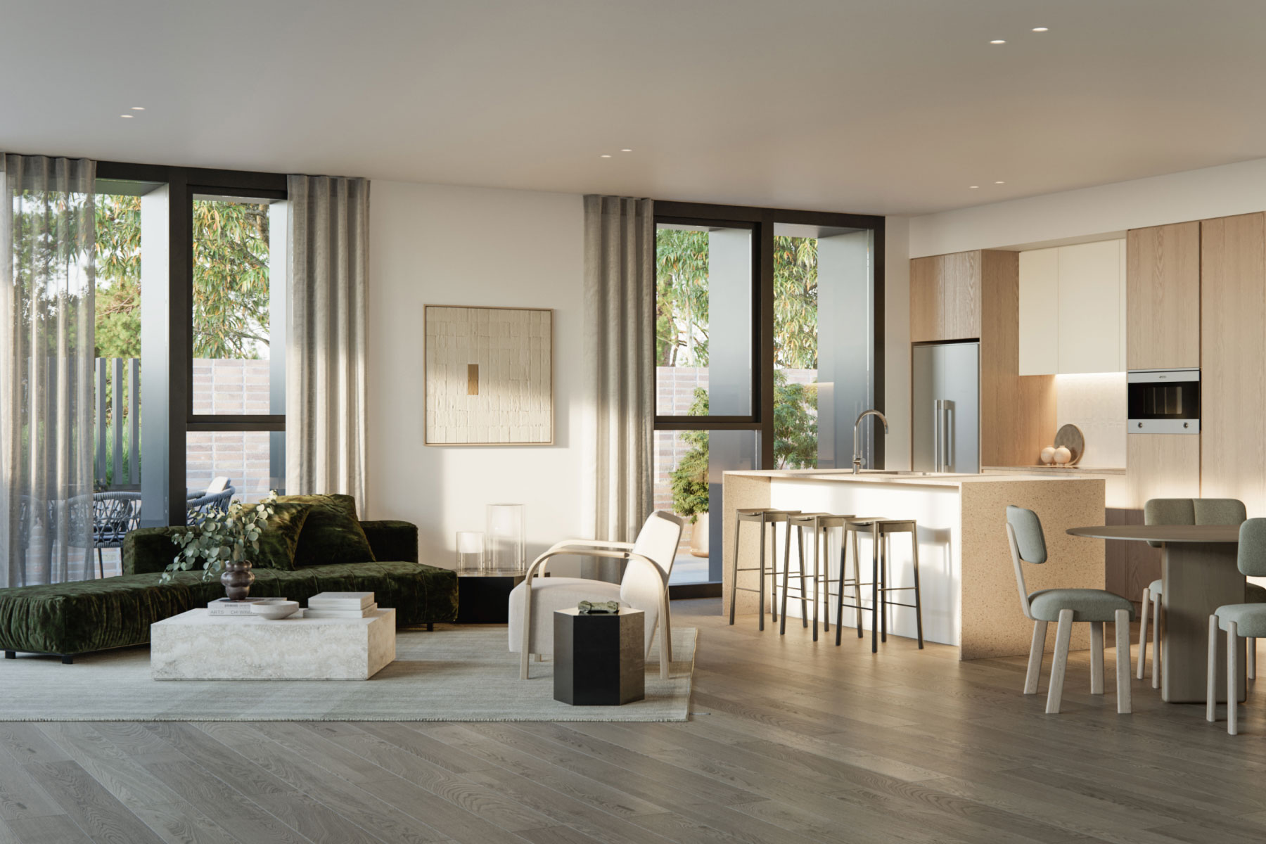 Contemporary living room interior at Mattone with clean design and generous natural light