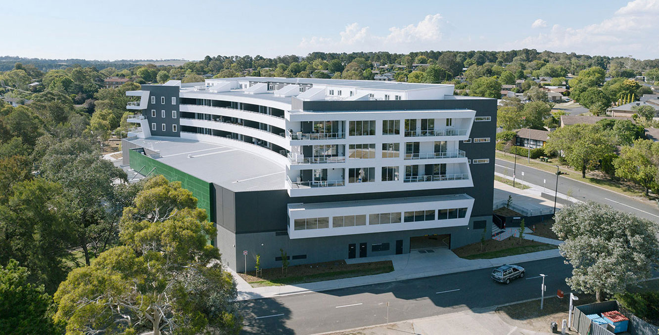 Aerial view of the completed G+ residential and retail development in Giralang, Canberra
