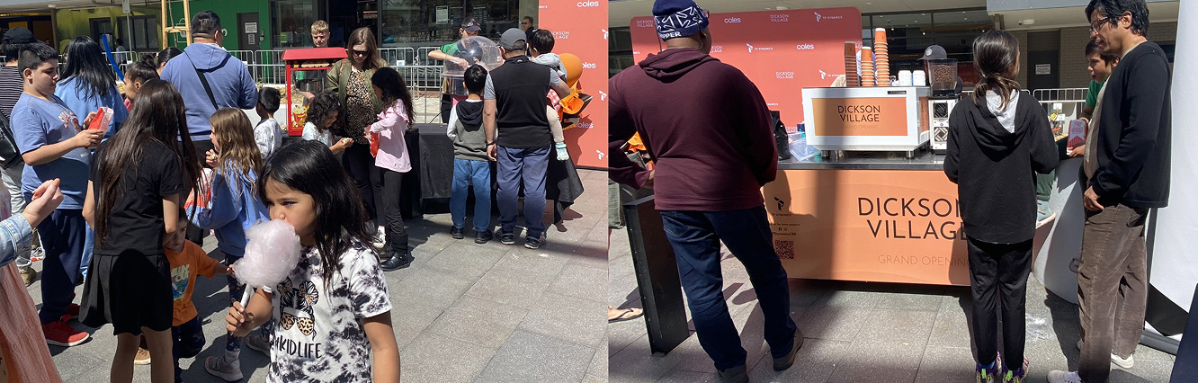 Entrance of the new Coles supermarket at Dickson Village with trolleys and signage