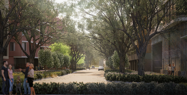 Central Park vision at Newlyne with landscaped green space and pedestrian pathways