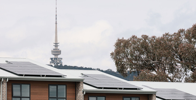 Townhomes with rooftop solar panels at On the Rise in Canberra