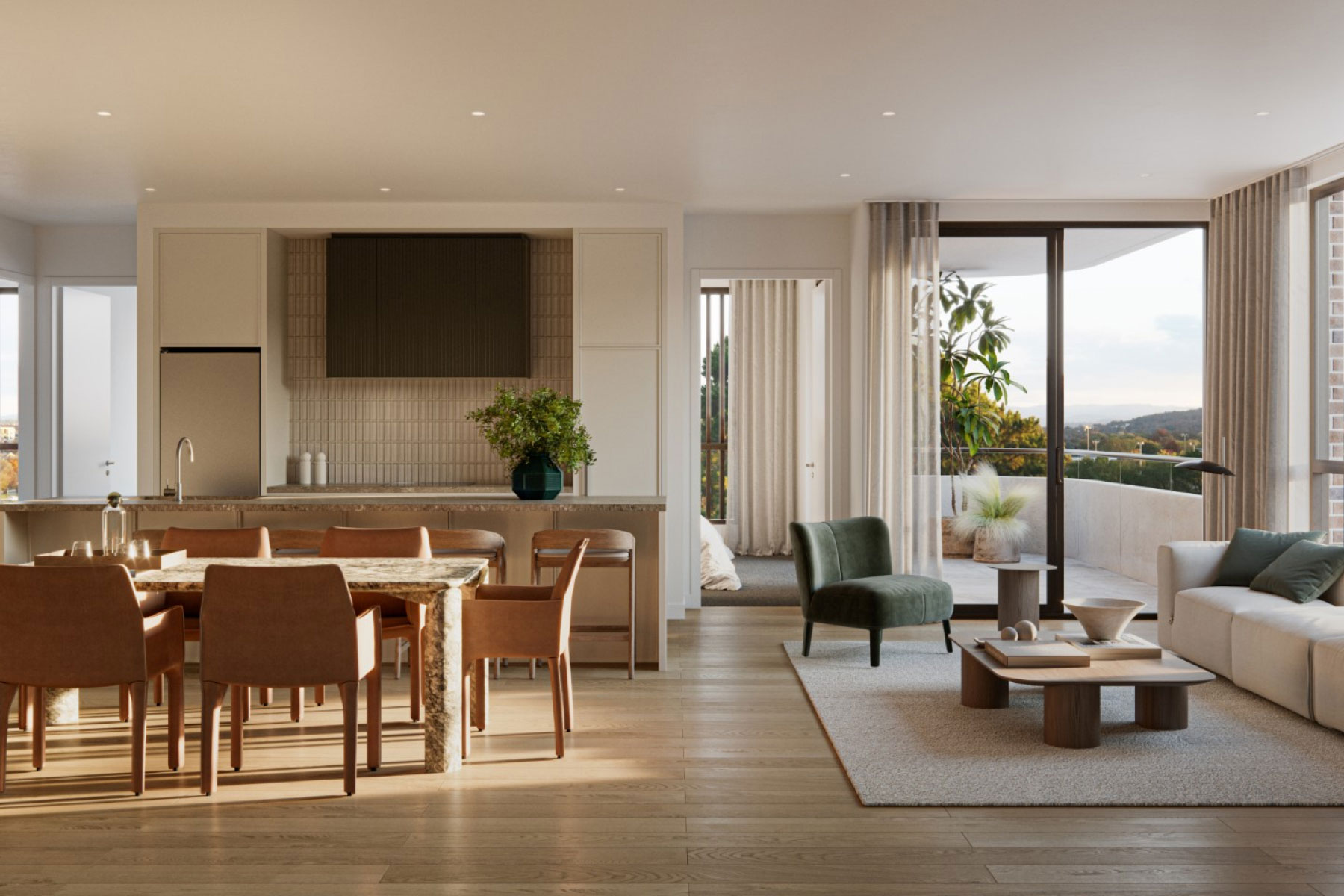 Contemporary living room interior at Mattone with clean design and generous natural light