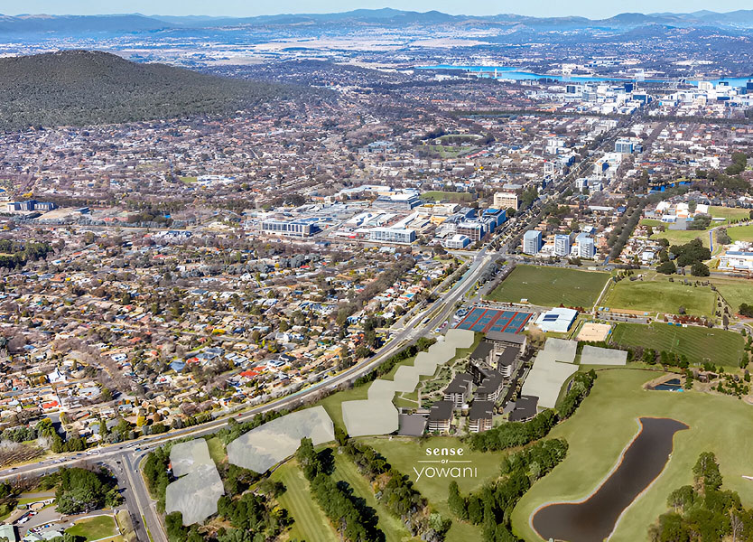 Aerial view of Sense of Yowani retirement village in Canberra’s northern suburbs developed by TP Dynamics showcasing urban convenience with natural surroundings