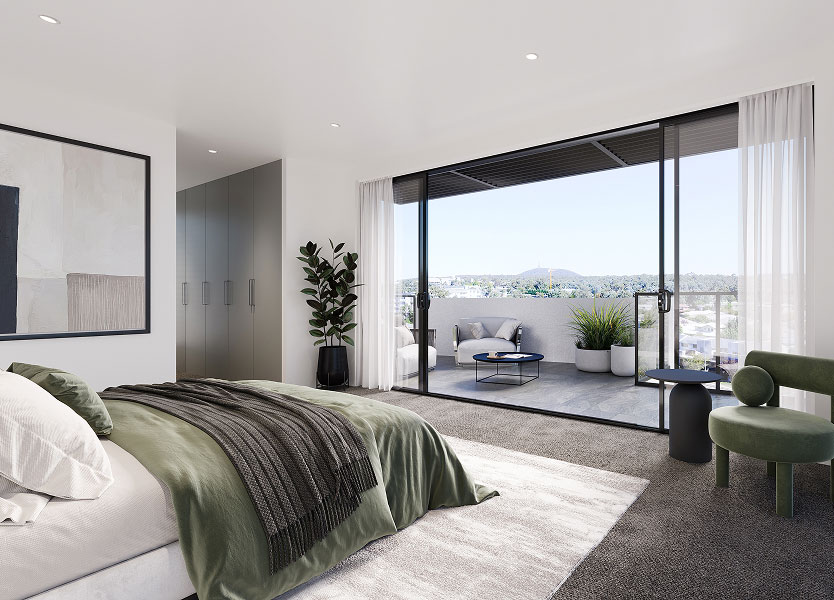 Modern IVES townhouse bedroom with balcony and panoramic views in Bruce, Canberra