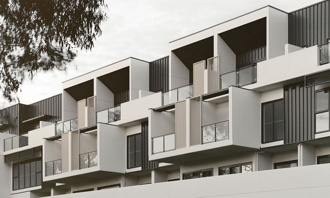 IVES by TP Dynamics – close-up of balconies and vertical screens, Bruce, Canberra, Australia.