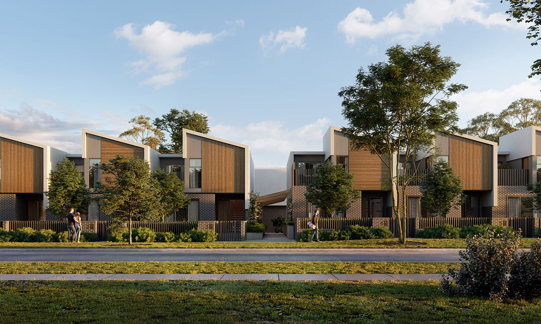 Luxus townhouses in Dickson, Canberra with white skillion roofs, warm timber cladding and earth-toned brickwork