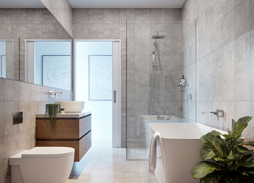 Modern spa-style bathroom with freestanding bath and stone finishes at Luxus townhouses in Dickson Canberra