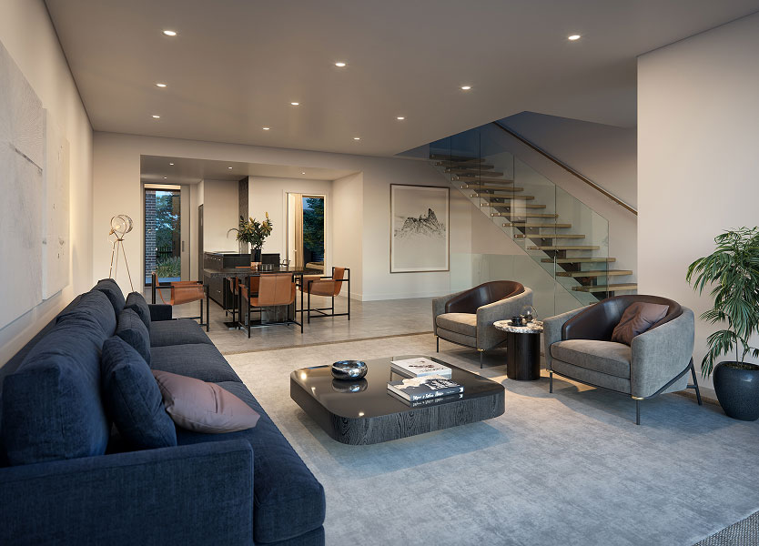 Luxury townhouse living and dining area with modern glass staircase at Luxus, Dickson Canberra