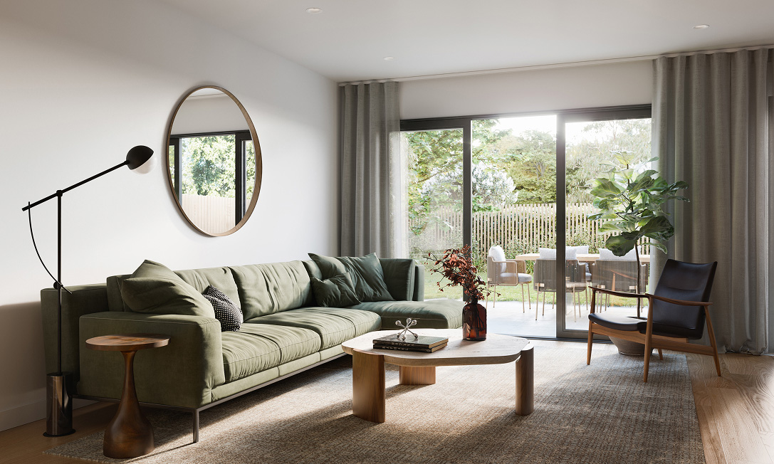 Open-plan living at Sparks with blackbutt timber flooring, stone benchtops and decorative tiling in Aranda, Canberra